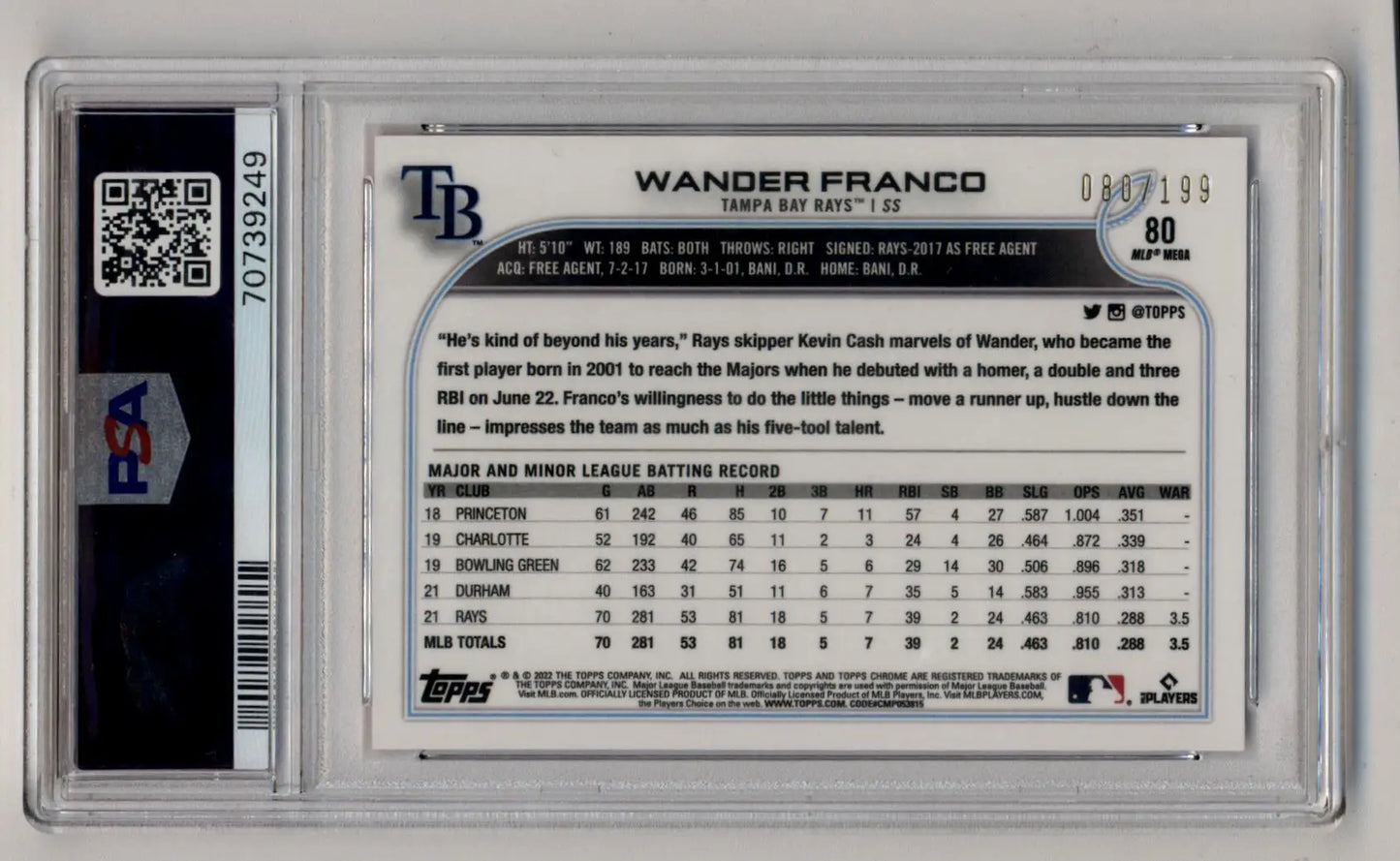 Wander Franco 2022 Topps Chrome Lite Pink #80 in protective case showcasing stats