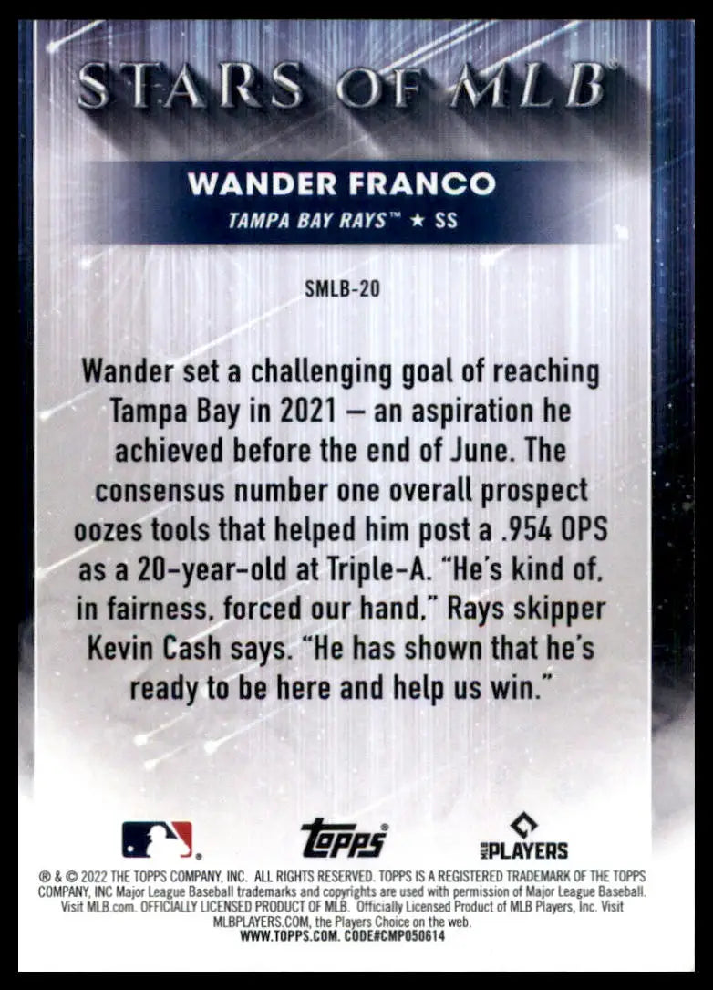 Wander Franco baseball card from 2022 Topps Stars of MLB series featuring Tampa Bay Rays