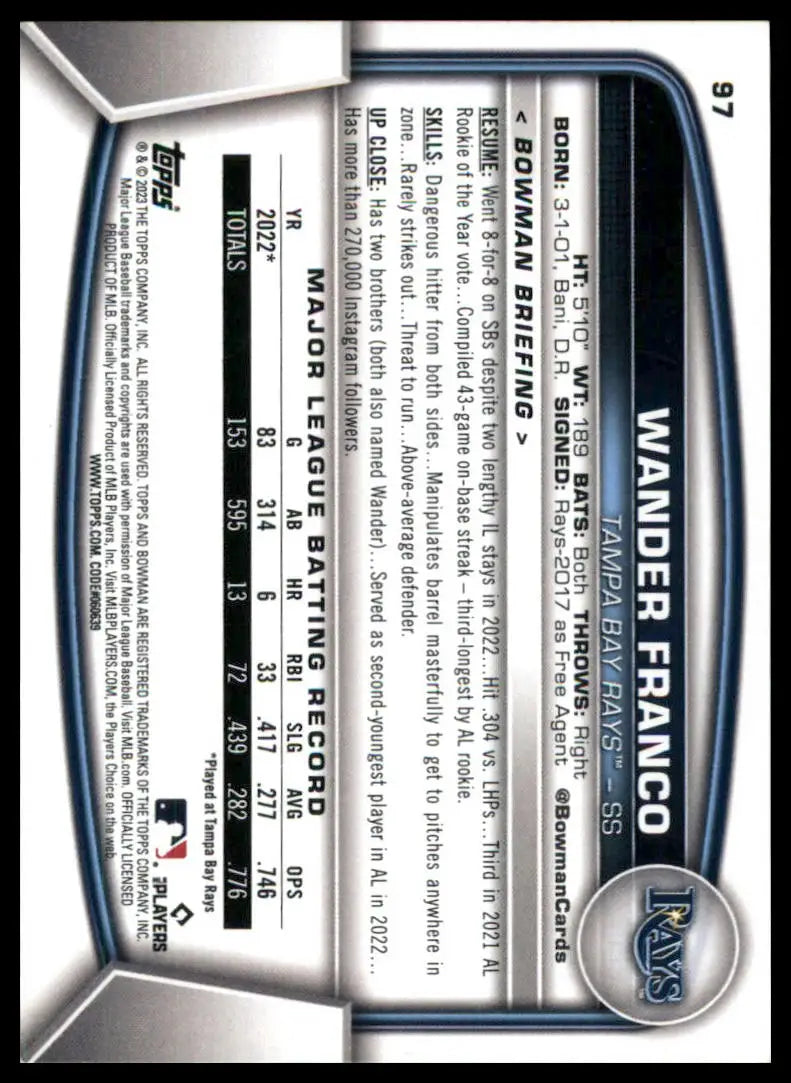 Wander Franco baseball card from 2023 Bowman Series for Tampa Bay Rays