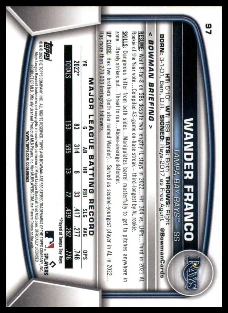 Wander Franco baseball card from 2023 Bowman Tampa Bay Rays product display
