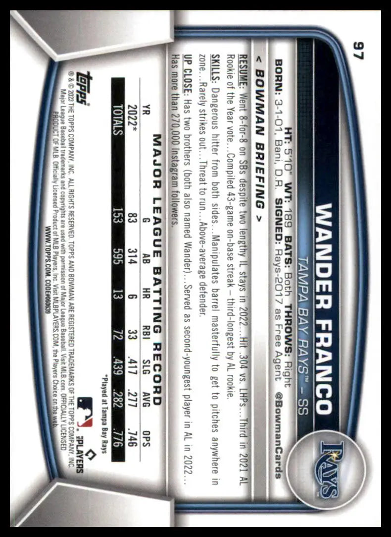 Wander Franco baseball card from the 2023 Bowman Tampa Bay Rays collection