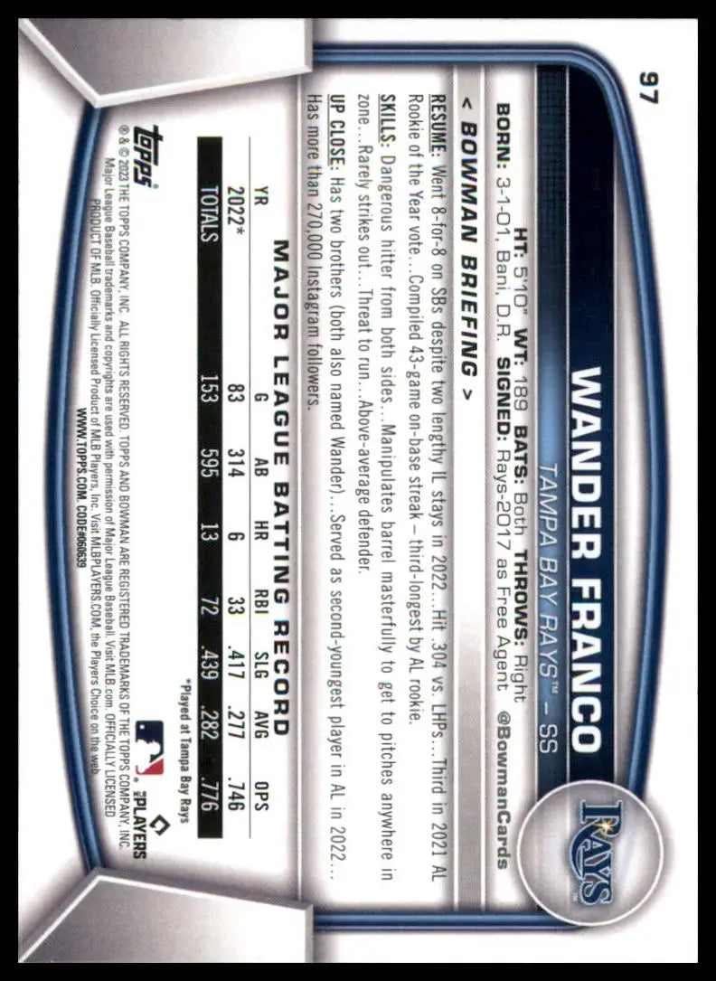 Wander Franco baseball card from 2023 Bowman Tampa Bay Rays product display