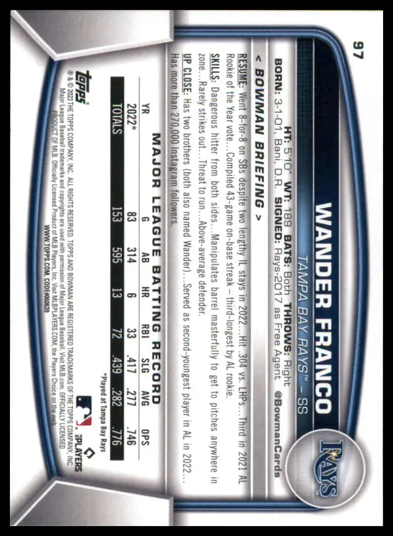 Wander Franco baseball card from 2023 Bowman Tampa Bay Rays collection