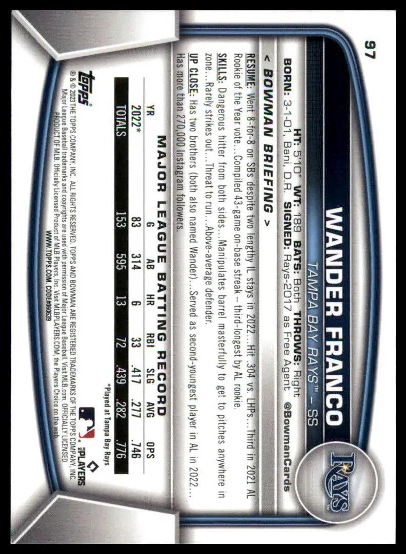 Wander Franco baseball card from 2023 Bowman Tampa Bay Rays series displayed