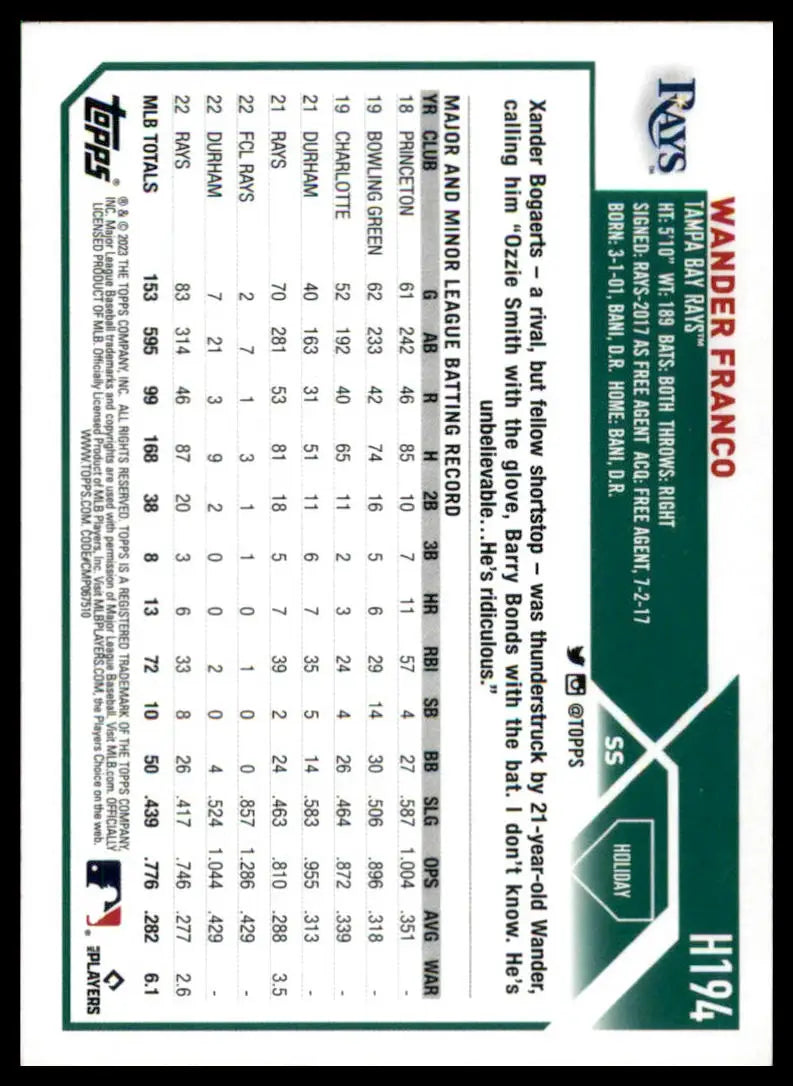 Wander Franco 2023 Topps Holiday baseball card featuring Tampa Bay Rays player