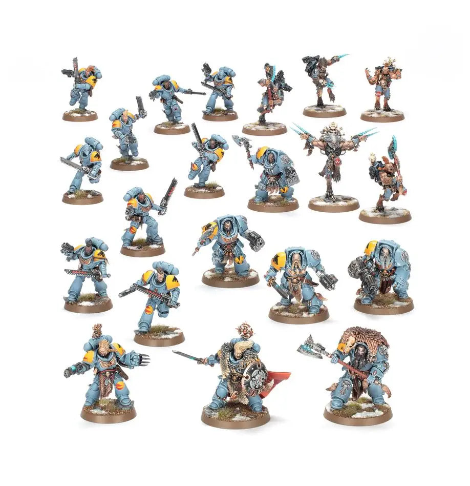 Miniature Space Wolves figures with weapons, including battle leader and Wolf Guard, for Warhammer 40K Combat Patrol