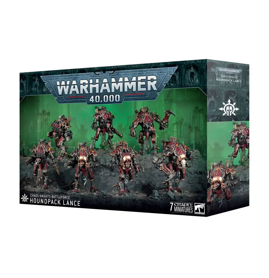 Warhammer 40k Houndpack Lance Chaos Knights miniatures box with war dog diabolus heavy stubber