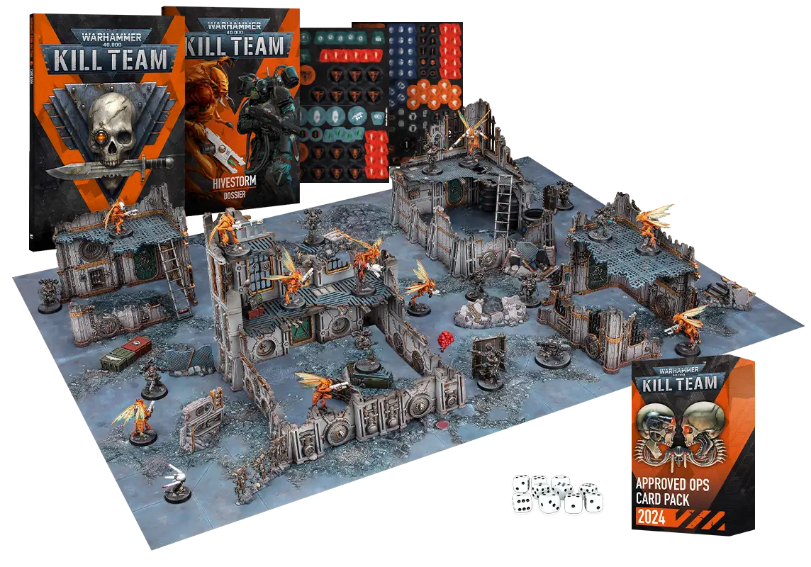 Complete Kill Team Hivestorm starter set with miniatures, terrain, rulebooks, tokens, and dice