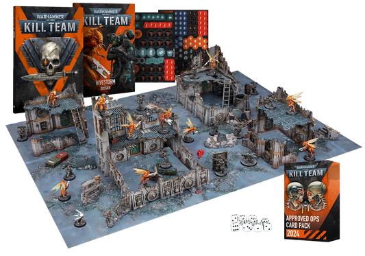 Complete Kill Team Hivestorm starter set with miniatures, terrain, rulebooks, tokens, and dice
