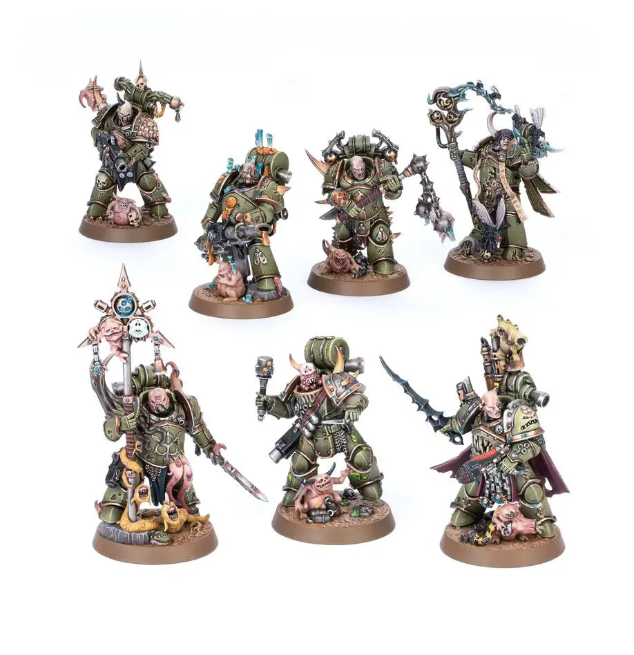 Seven Warhammer 40K Death Guard miniatures from the Kill Team Starter Set
