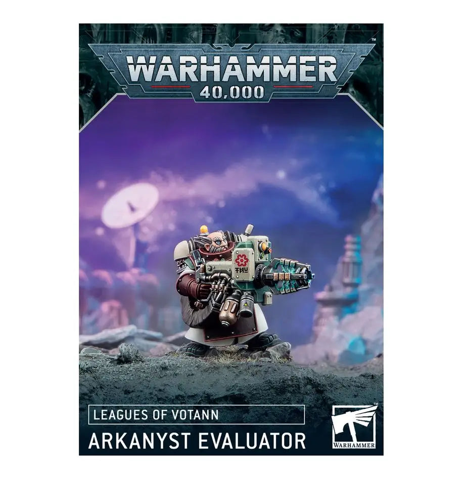 Warhammer 40k Leagues of Votann Arkanyst Evaluator miniature figure with transmatter inverters