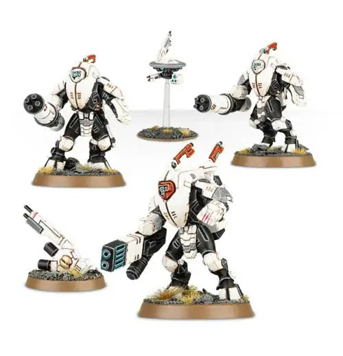 Warhammer 40k T’au Empire XV25 Stealth Battlesuits and drone miniatures display