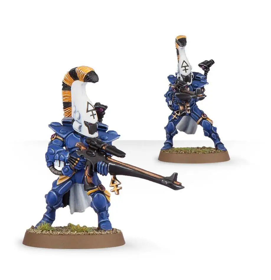 Painted Warhammer Eldar Dire Avengers with shuriken catapults on round bases