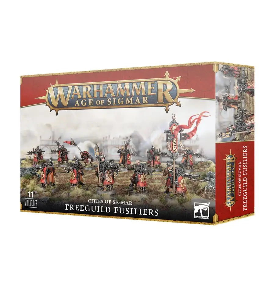Warhammer Age of Sigmar Freeguild Fusiliers box with blackpowder squire model displayed