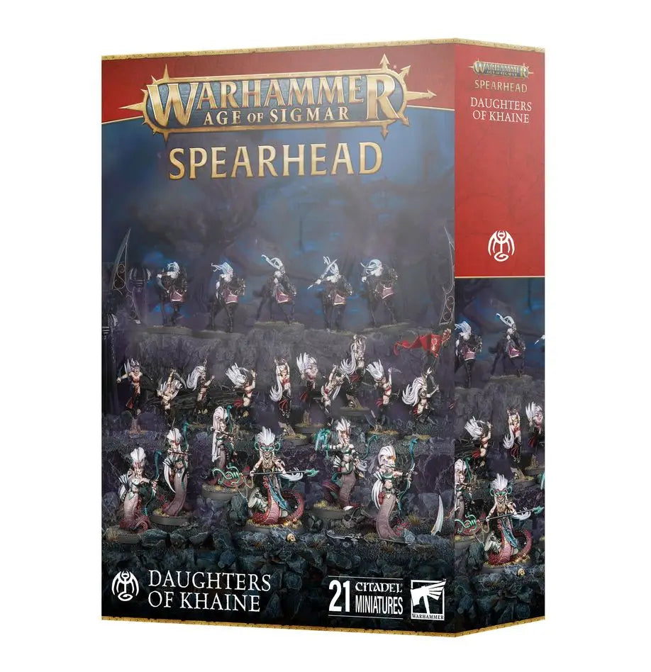 Warhammer Age of Sigmar Daughters of Khaine Spearhead box with Melusai Ironscale Blood Stalkers and Doomfire Warlocks miniatures