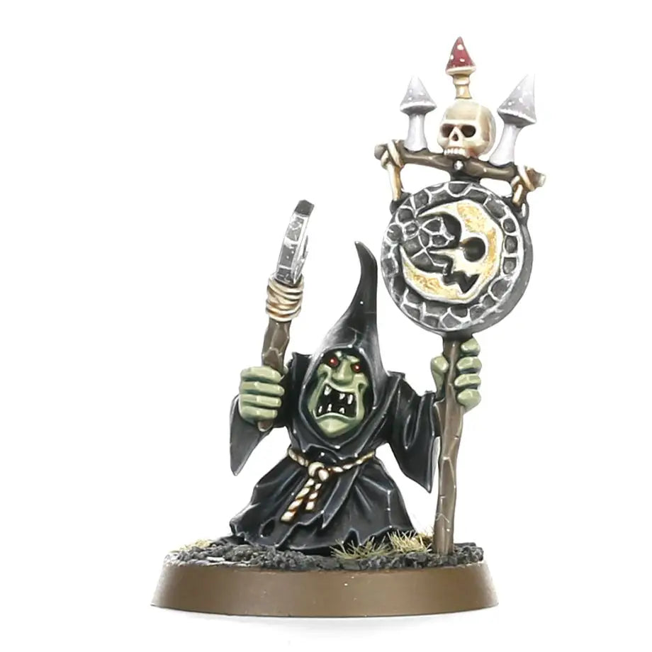 Green-skinned goblin miniature with banner from Warhammer Age of Sigmar Gloomspite Gitz