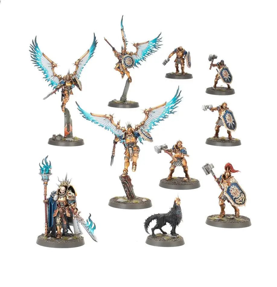 Painted miniature fantasy figures with round hex hole bases from Warhammer AGE OF SIGMAR starter set