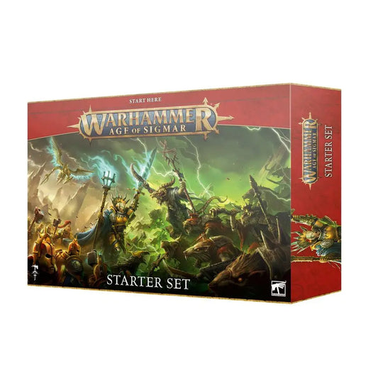 Warhammer Age of Sigmar starter set in red box with round hex hole bases and hex hole design