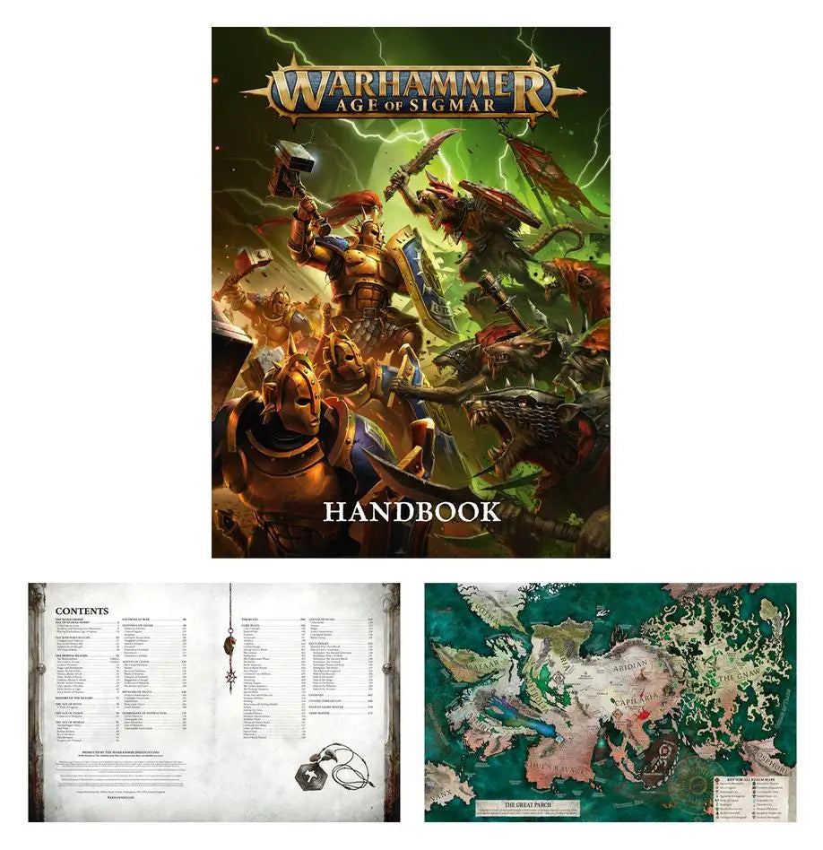 Warhammer Age of Sigmar Handbook with map and contents page showing round hex hole bases