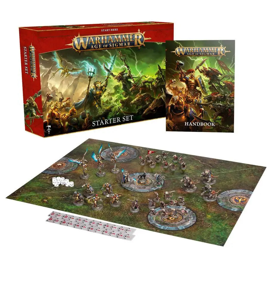 Warhammer Age of Sigmar starter set with game board, miniatures, dice, and handbook featuring round hex hole bases