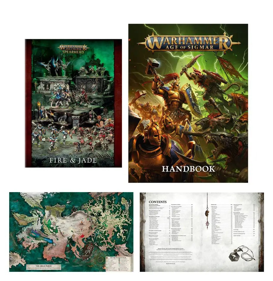 Warhammer Age of Sigmar Ultimate Starter Set with rulebooks, maps, miniature figures, and hex hole bases