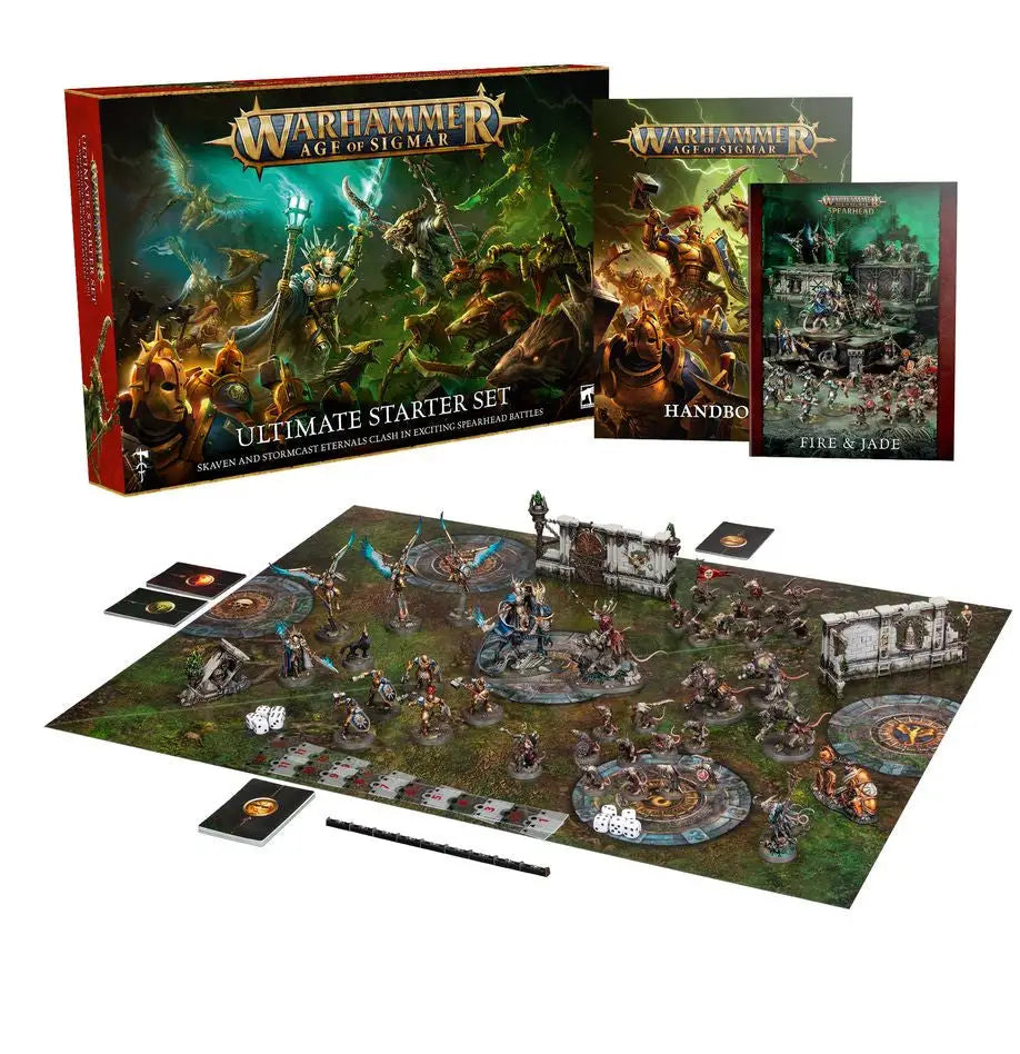 Warhammer Age of Sigmar Ultimate Starter Set with miniatures, game board, books, and accessories featuring round hex hole bases