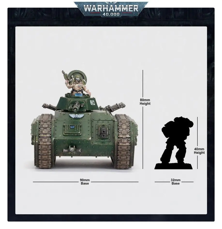 Warhammer Astra Militarum Chimera miniature with figure in hatch and heavy bolter