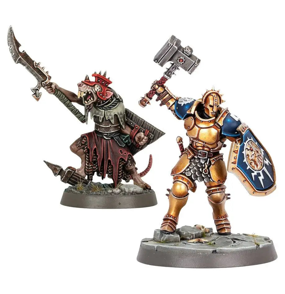 Painted Warhammer Age of Sigmar miniature figures of a rat warrior and a golden-armored human warrior for tabletop wargame in the Mortal Realms