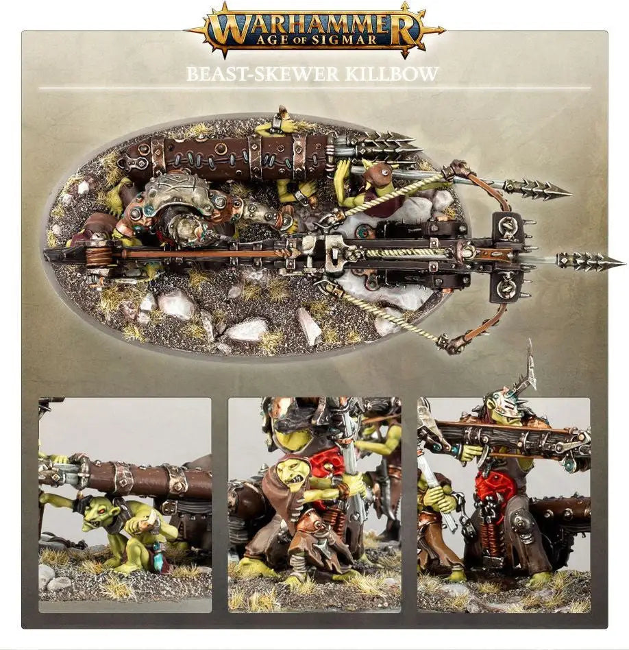 Detailed miniature of Orruk Warclans Beast-Skewer Killbow with crew close-ups