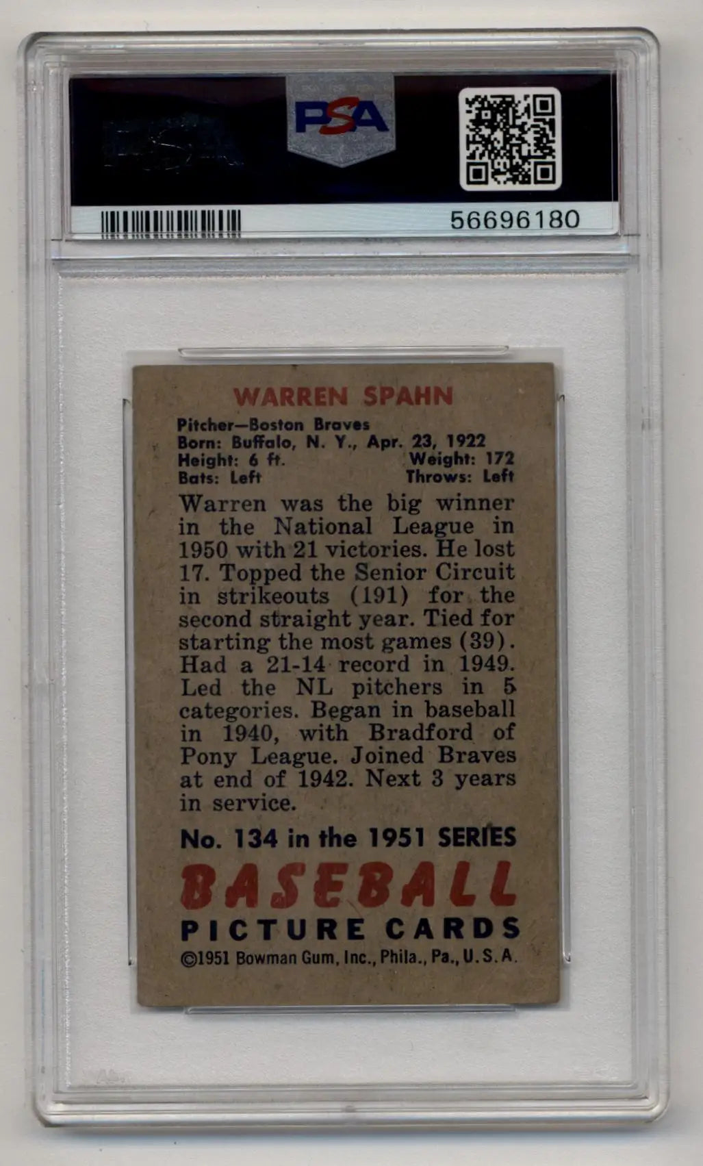 Graded vintage Warren Spahn baseball card 1951 Bowman PSA 4 Very Good-Excellent