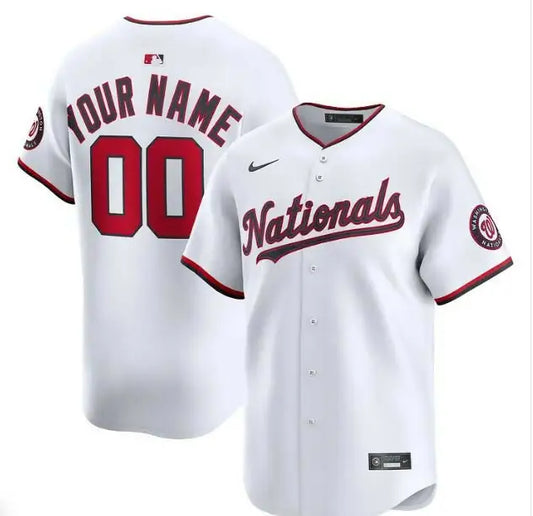 White Washington Nationals Nike Alternate Limited Custom Jersey with red trim and Nationals script