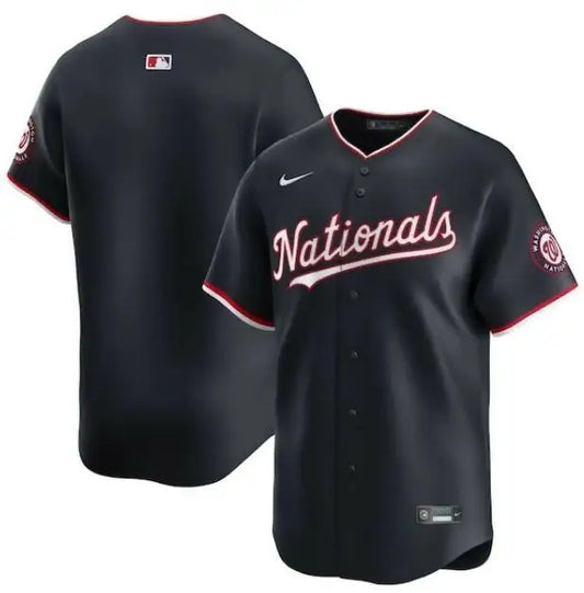 Black Nationals baseball jersey displayed in Washington Nationals Nike Alternate Limited Navy jersey