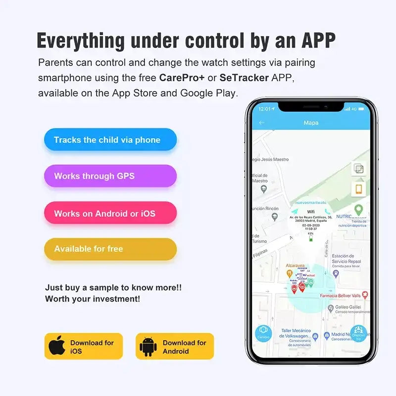 Advertisement for Waterproof Kids IP67 Smartwatch with GPS and 4G Video Call features