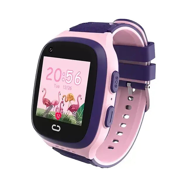 Pink and purple Waterproof Kids IP67 Smartwatch with digital time and flamingo background