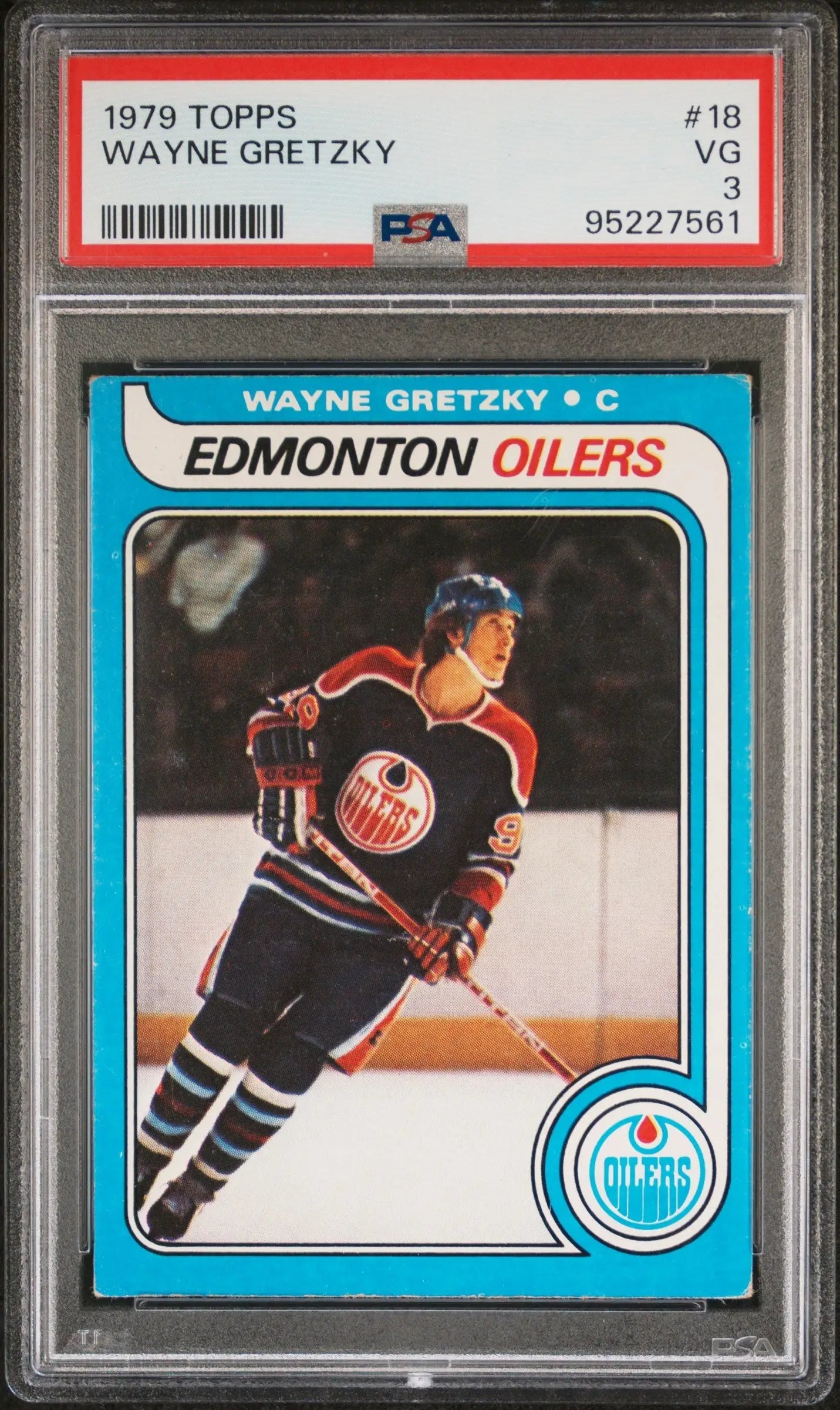 PSA-graded 1979 Topps Wayne Gretzky rookie card featuring Edmonton Oilers player