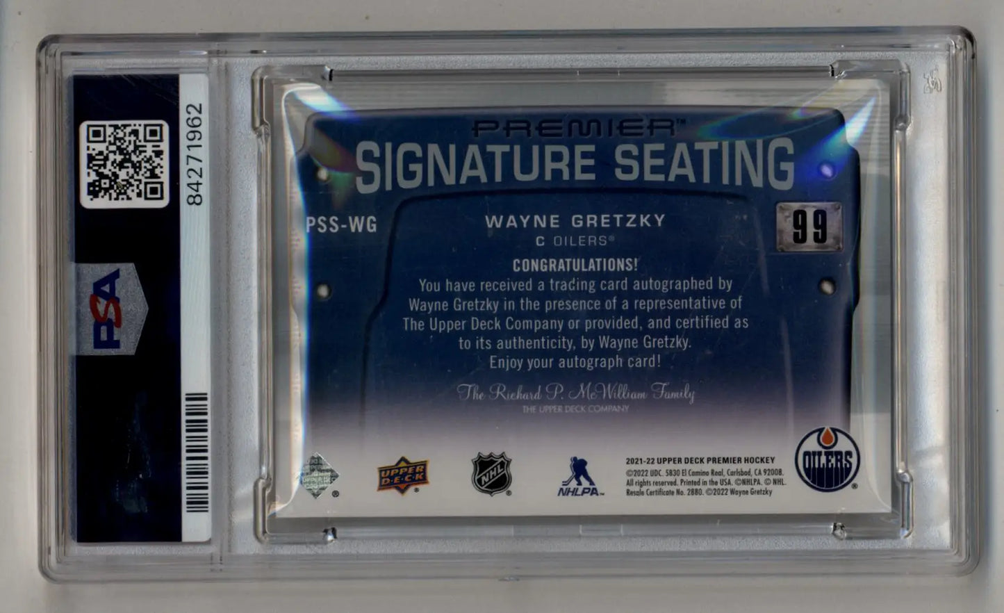 Wayne Gretzky autographed trading card from 2021-22 UD Premier Signature Seats PSA 9