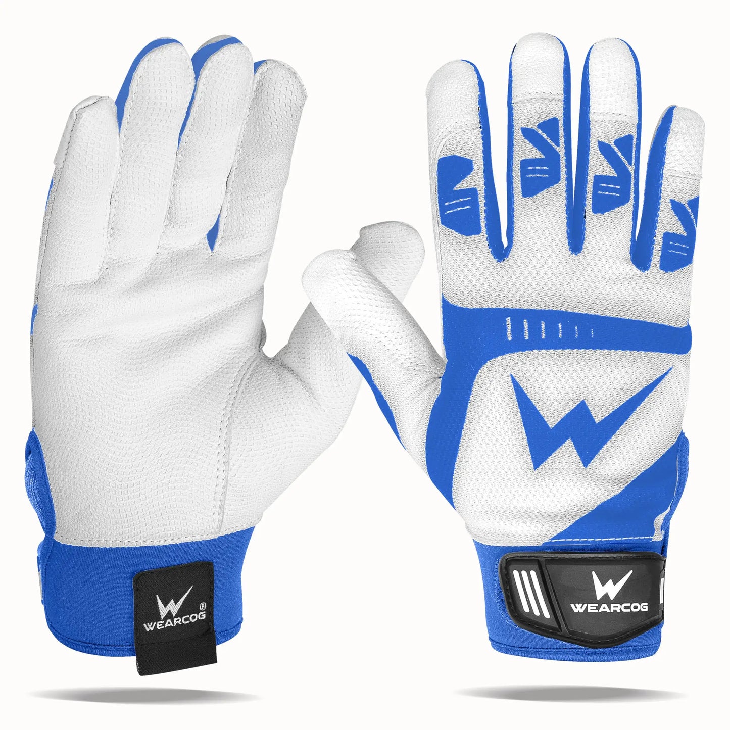 Pair of white and blue baseball batting gloves with double wrist protection for youth boys