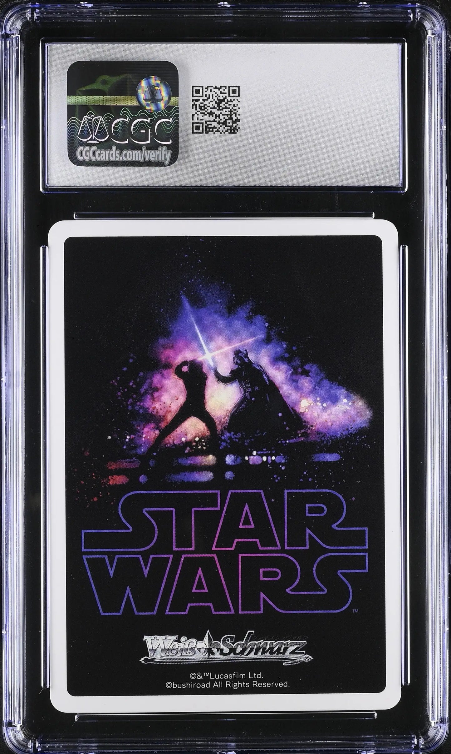 Graded Star Wars Weiss Schwarz Han Solo trading card with vibrant purple and blue lightsaber duel