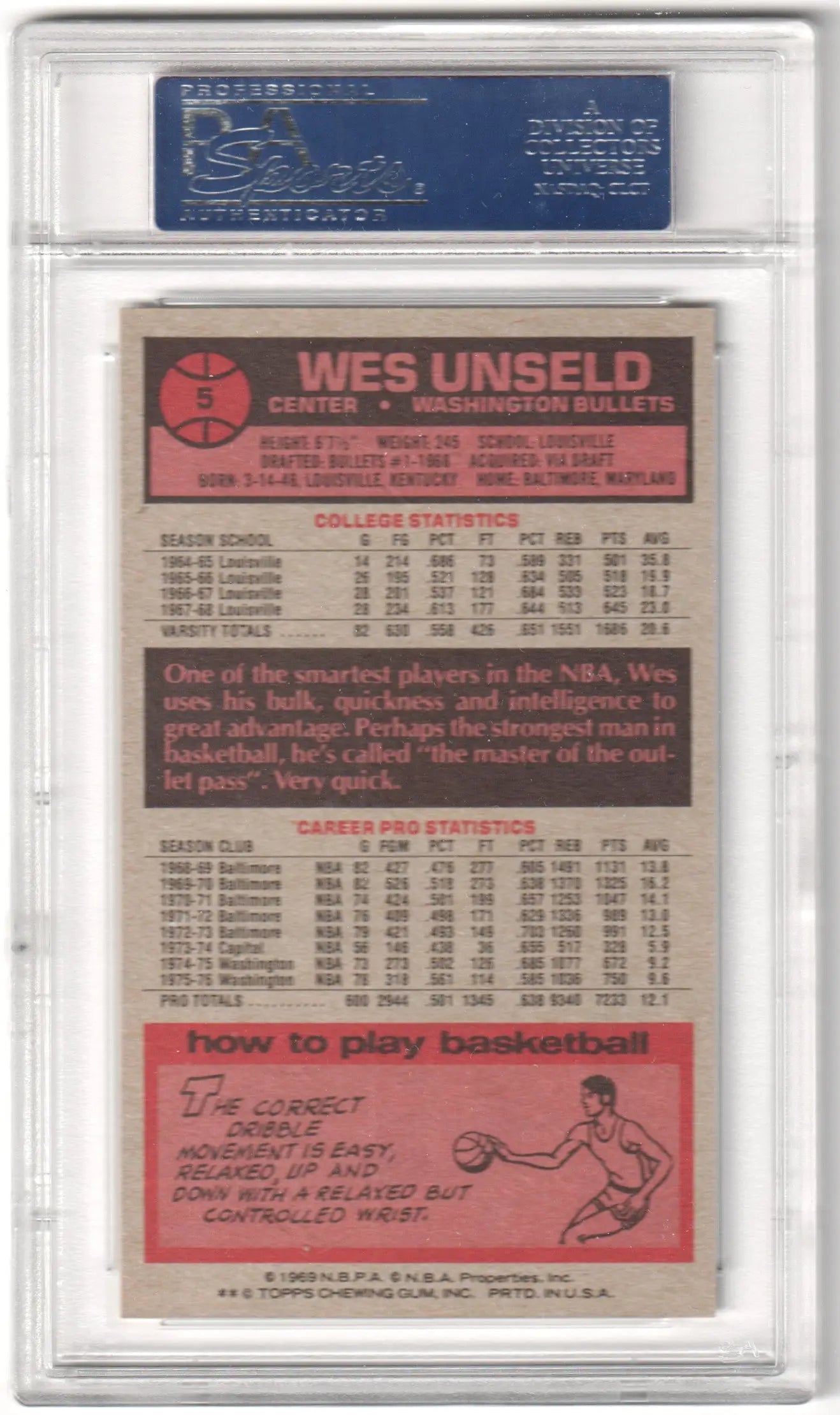 Graded Wes Unseld basketball trading card from Columbia Hobby, 1976-77 Topps PSA 8