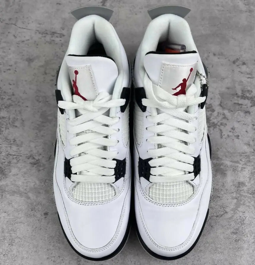 White Cement Air Jordan 4 Retro sneakers with red Jumpman logo, fast shipping available