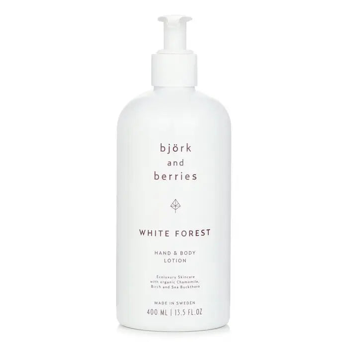 White pump bottle of Björk and Berries White Forest Hand & Body Lotion 400ml
