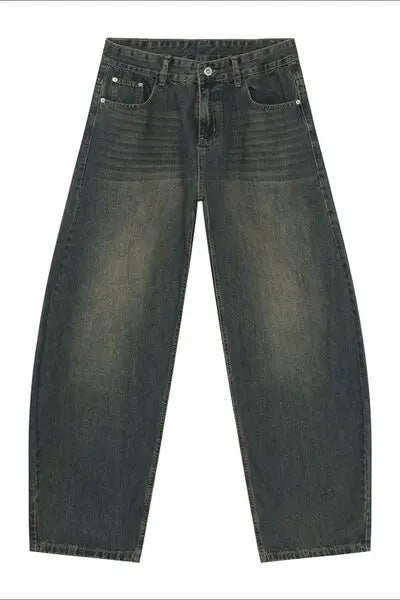 Dark wash wide-leg denim jeans with relaxed fit and functional pockets