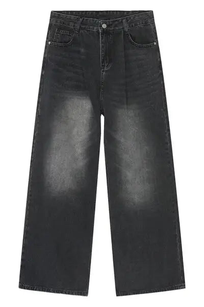 Dark wash wide-leg denim jeans with faded thighs and pockets for a stylish look