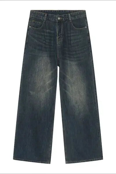 Dark wash wide-leg denim jeans with button closure and pockets for the Wide Leg Jeans with Pockets product