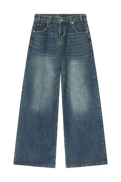Wide-leg blue denim jeans with a faded wash and pockets displayed in Wide Leg Jeans with Pockets