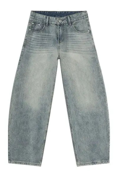 Light wash distressed wide-leg denim jeans with pockets for a trendy casual look