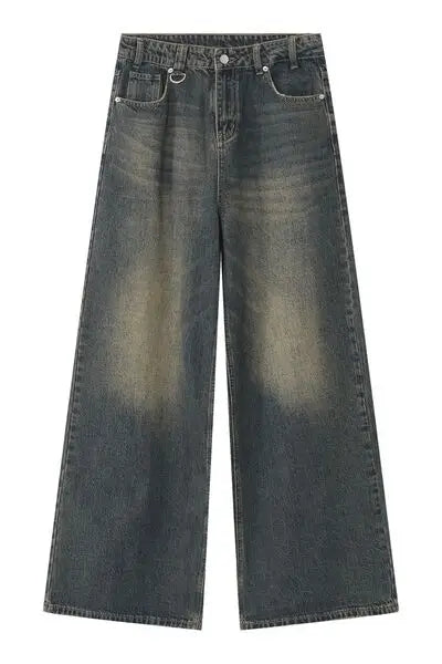 Wide-leg dark wash distressed denim jeans with pockets for a stylish casual look