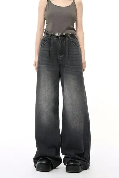 Washed black wide-leg jeans with belt and gray tank top displayed in Wide Leg Jeans with Pockets