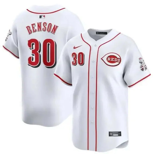 White Cincinnati Reds Will Benson Nike Home Limited Player Jersey displayed on a product page