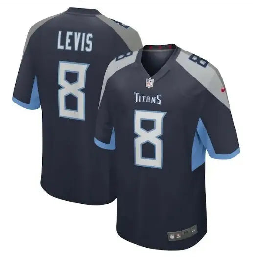 Dark blue Tennessee Titans Will Levis NFL Draft jersey with light blue accents, front and back views